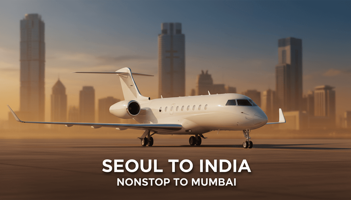A private jet from Seoul on the tarmac against the Mumbai skyline — Seoul to India nonstop business route 2026