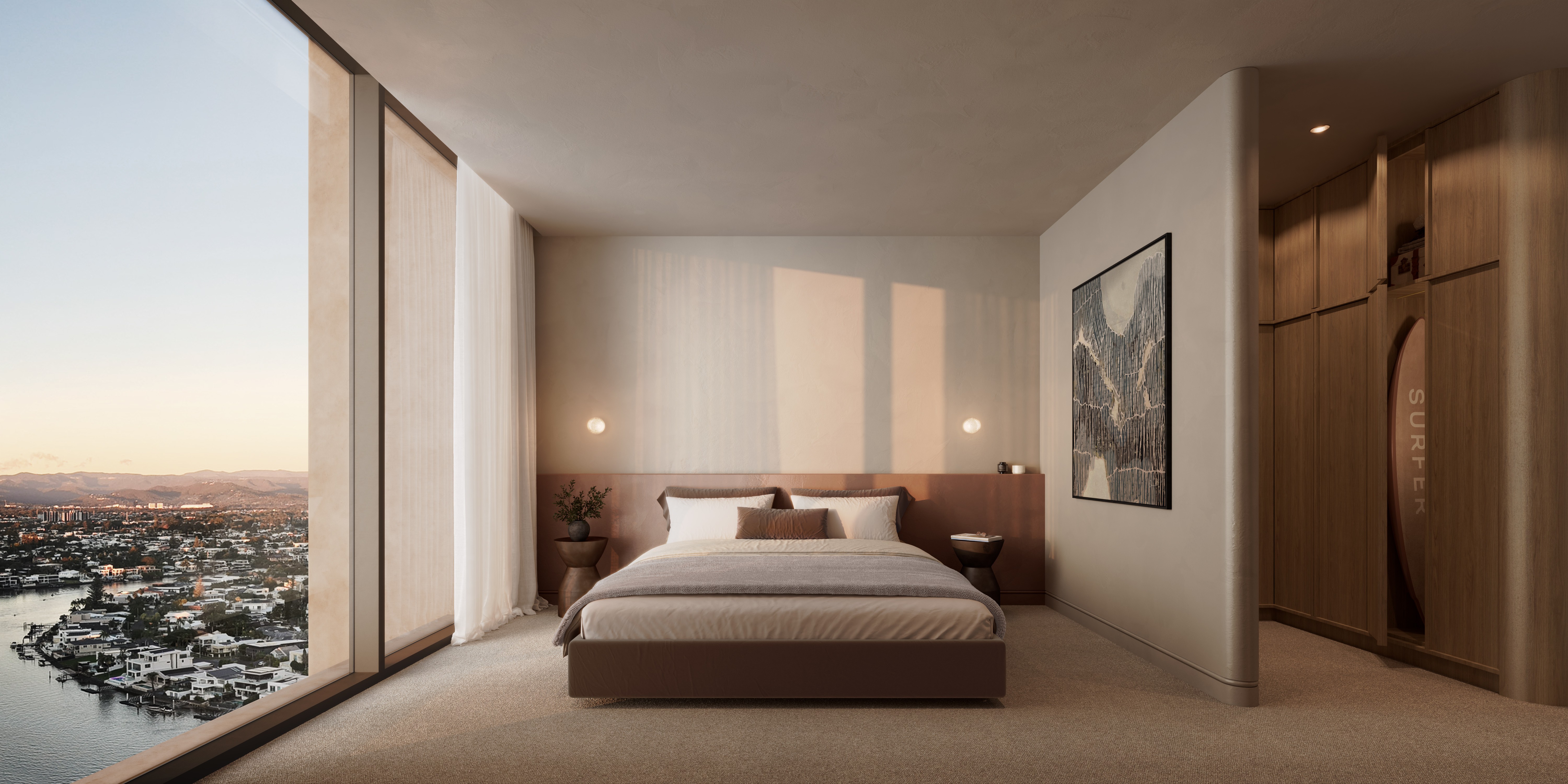 Bedroom in Surfer apartment with views of the Tamborine Mountains