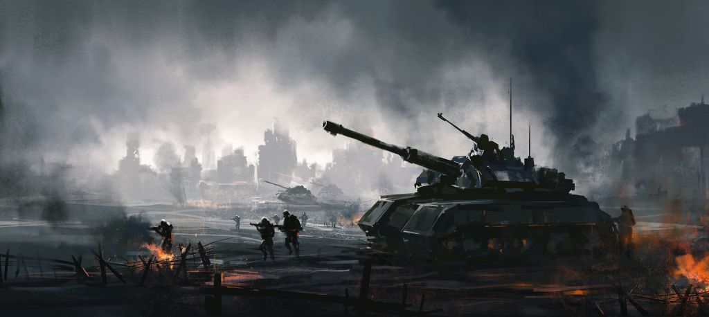 Digital painting of a war scene with a big tank.