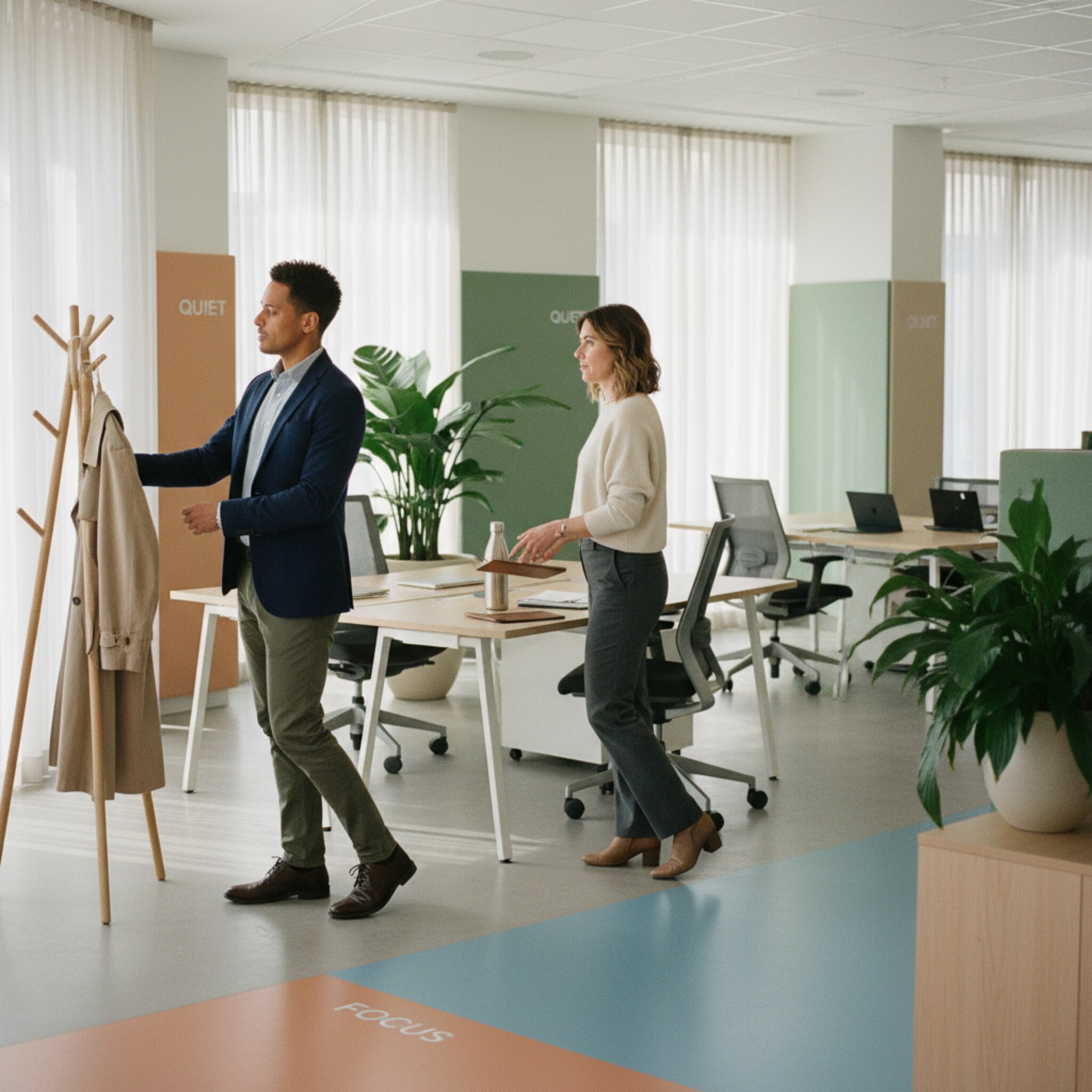 Ein offenes Büro im Rathaus mit farbig markierten Bereichen. Ein Mitarbeiter hängt seine Jacke an eine Garderobe, eine Kollegin legt Notizbuch und Wasserflasche an einen freien Schreibtisch. Pflanzen, dezente Akustikpaneele und viel Tageslicht schaffen Ruhe. Die Szene vermittelt fokussiertes, gemeinsames Arbeiten.