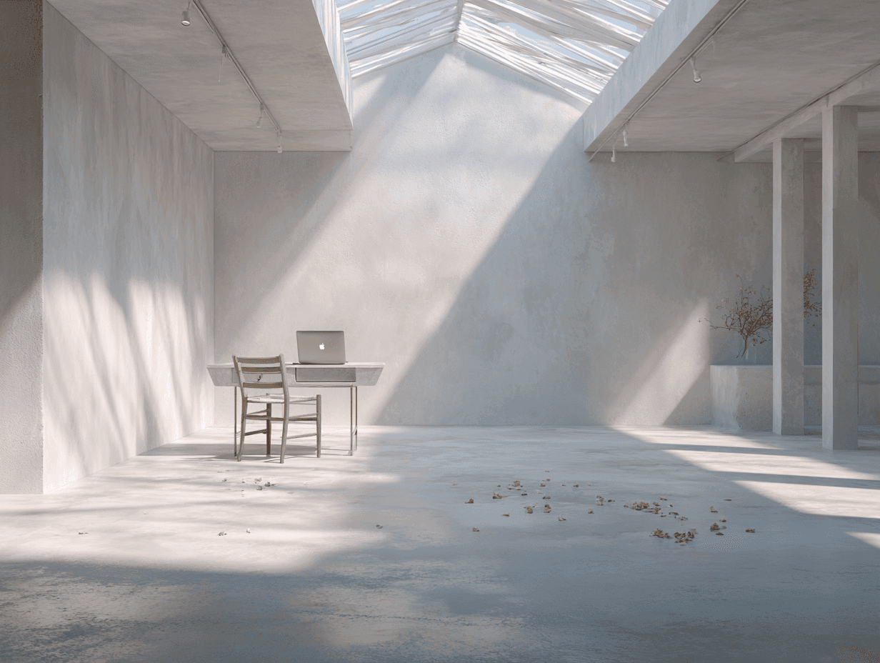 Modern ofis ortamında laptop ile minimal tasarım – Flubble yazılım geliştirme ve dijital ürün tasarımı.