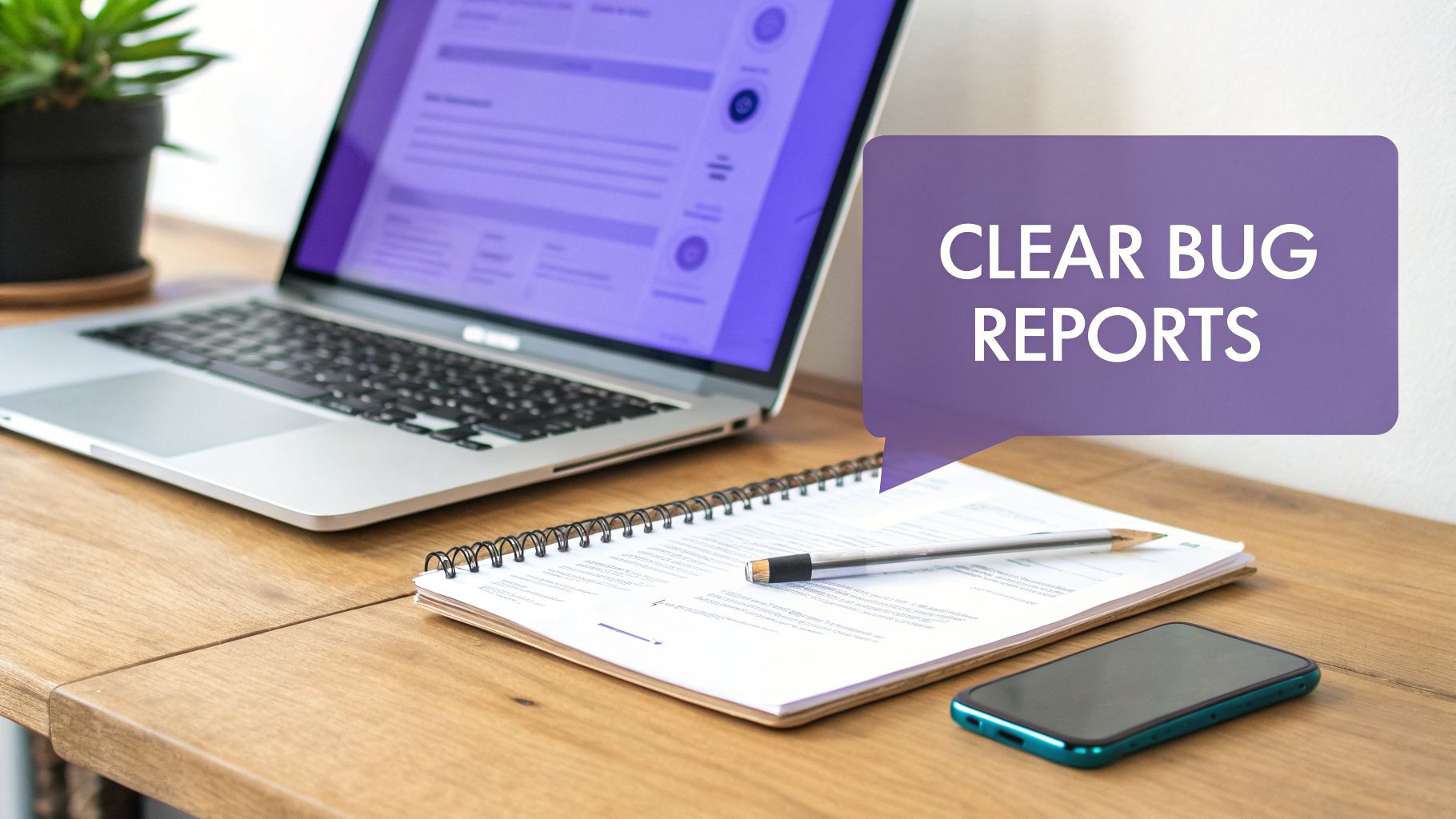 A workspace with a laptop, notebook, and smartphone, highlighting the importance of clear bug reports.