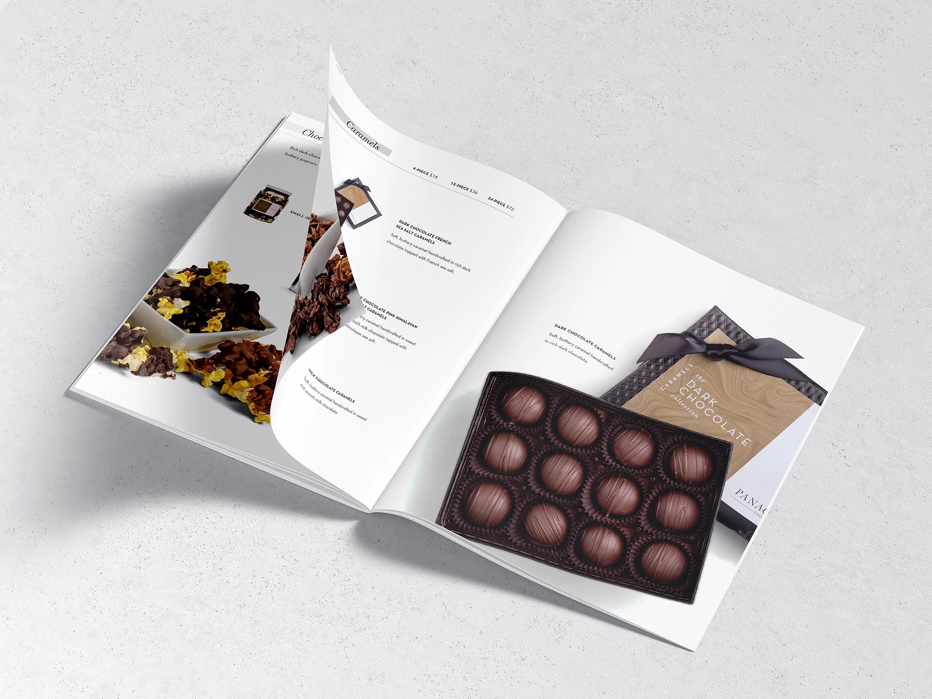 An open spread of a booklet with detailed truffle photos, accompanied by sans-serif text describing the product and pricing.