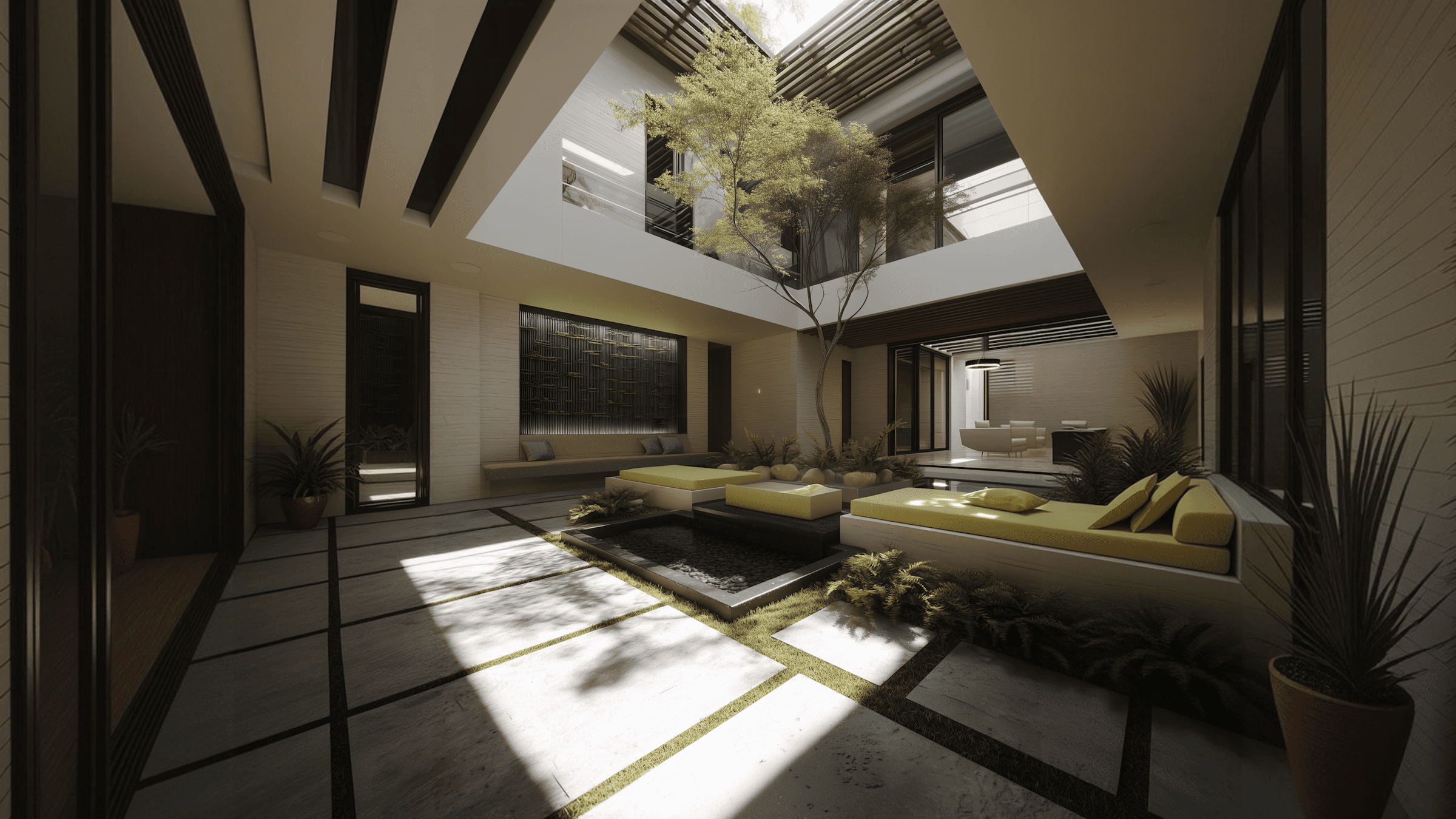 Modern interior design featuring natural light, sleek furniture, and an elegant atmosphere. Open space concept.