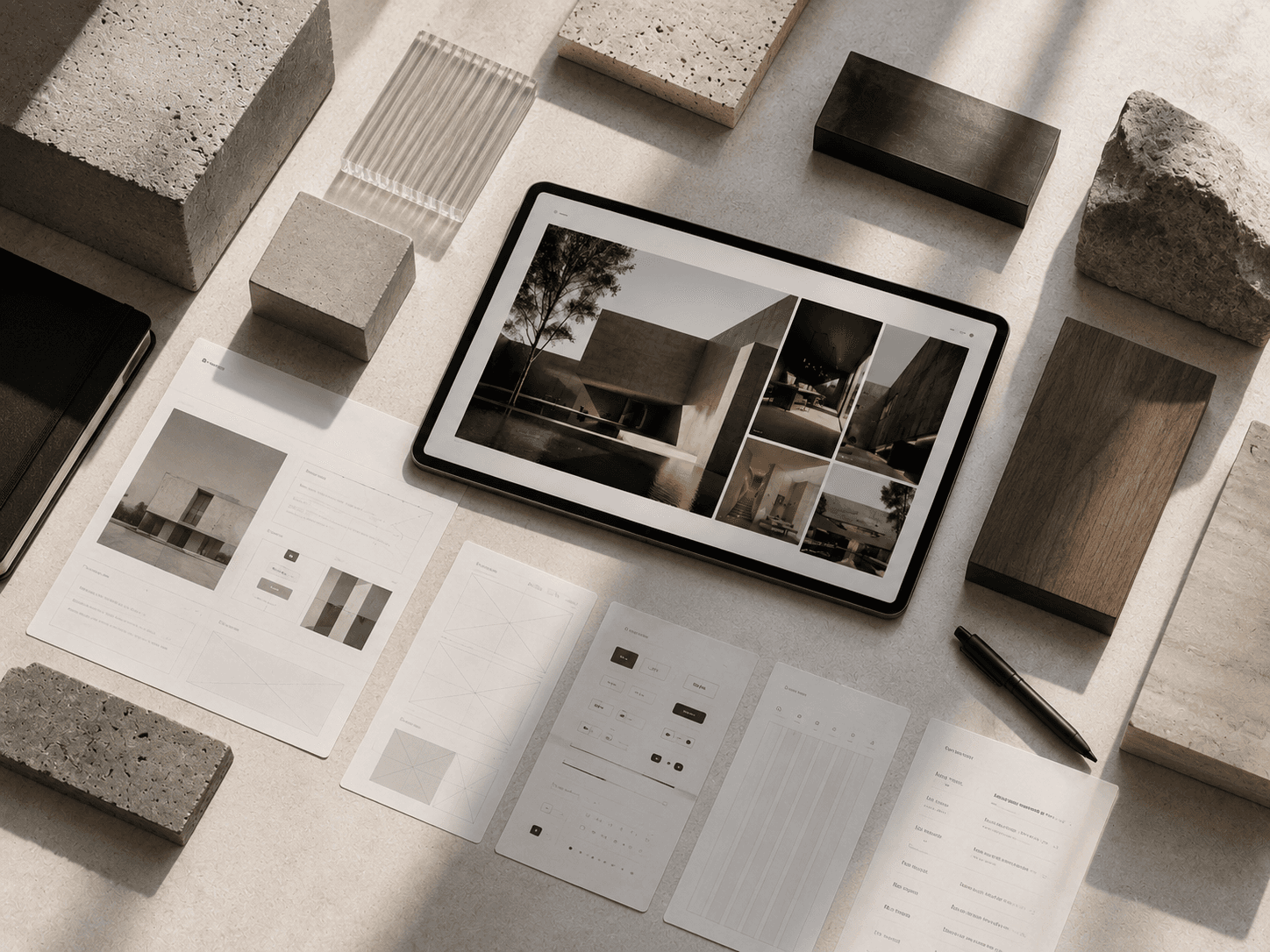 Architecture website design process presented on a tablet surrounded by concrete, stone, wood, and acrylic material samples, low-fidelity wireframes, interface layouts, and workspace essentials in a clean editorial flat lay.