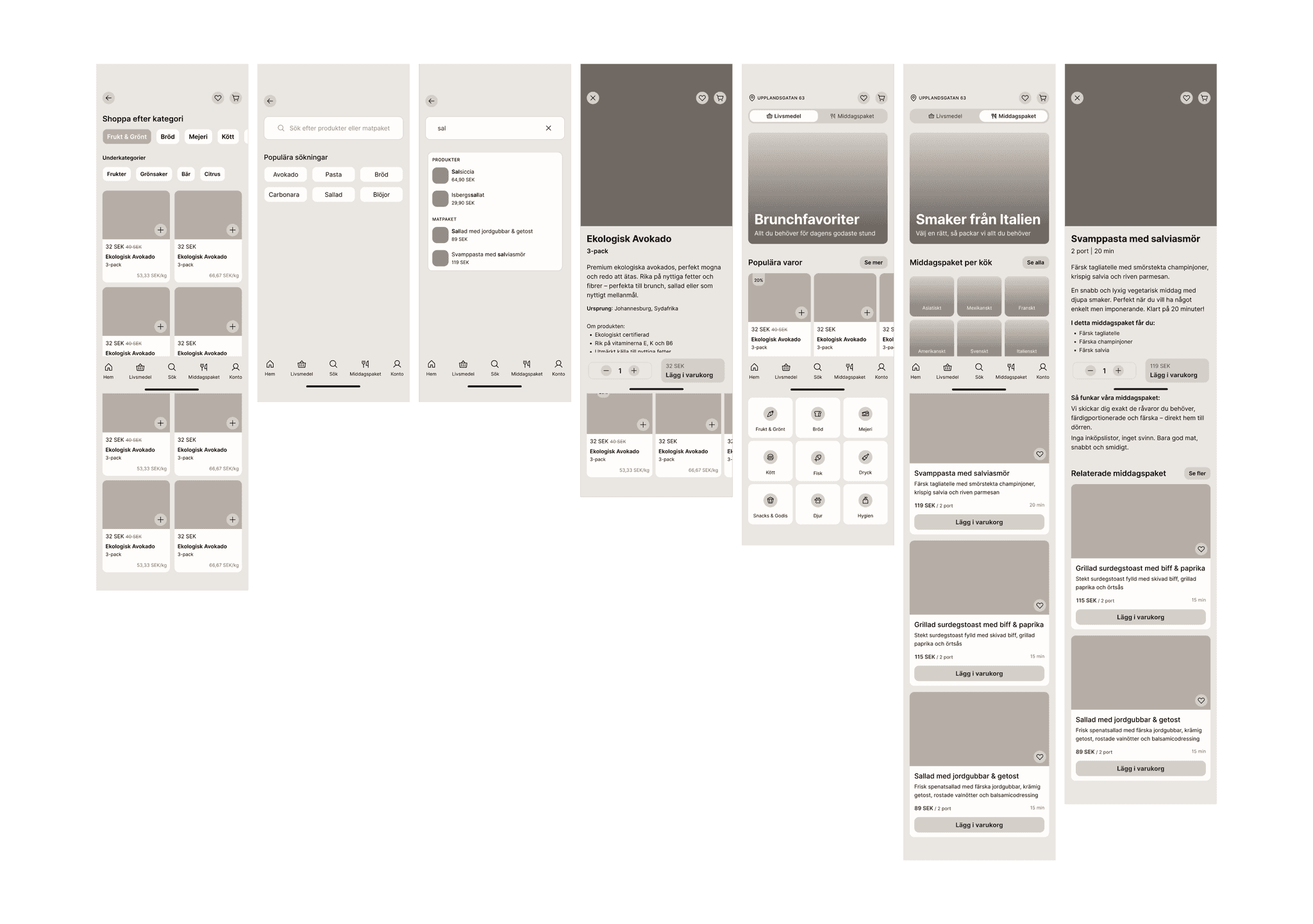 Low-fidelity wireframes of the Crave Club app showing early layout concepts for product lists, categories, search, and meal pages