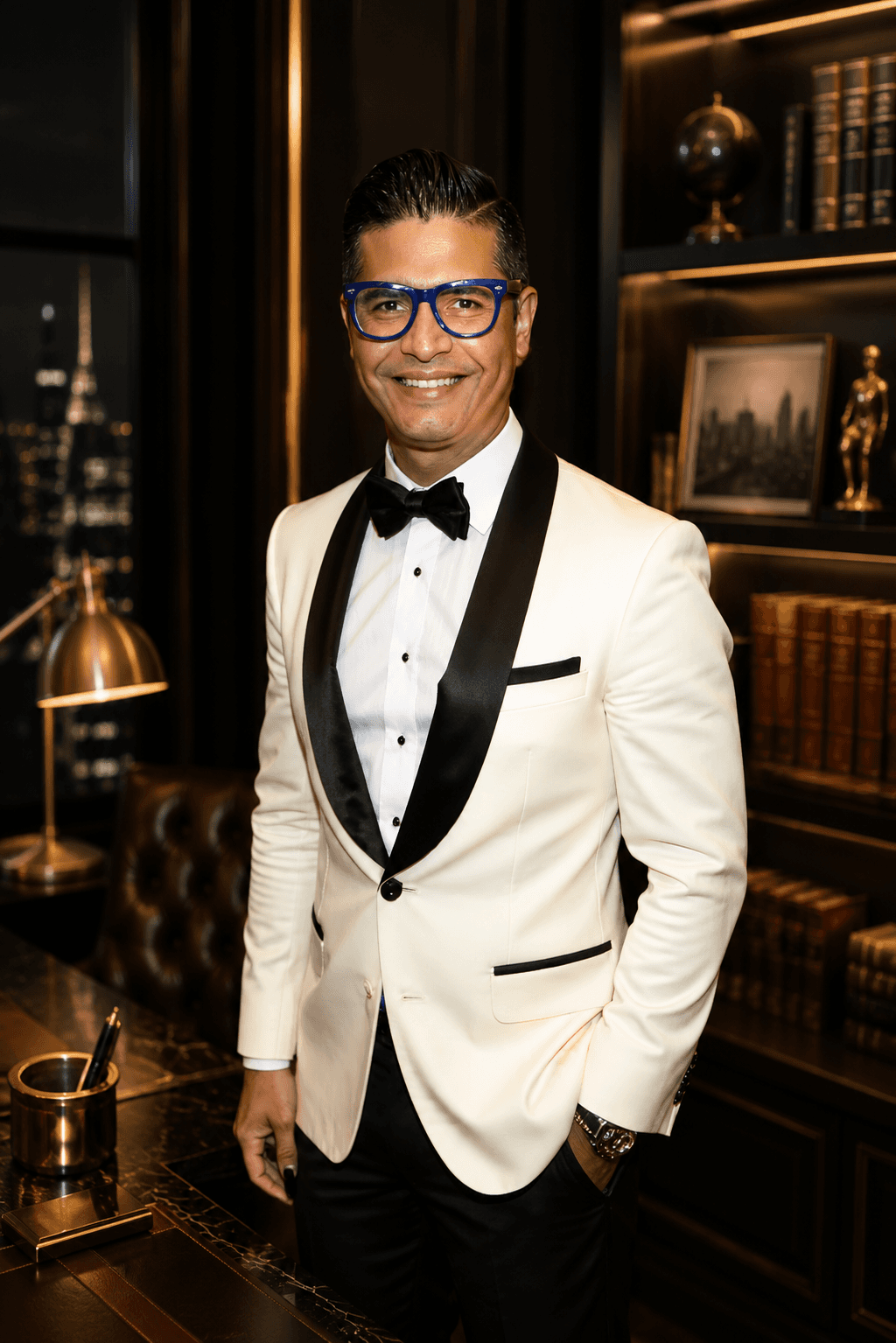 Carlos Camargo wearing a white tuxedo jacket and blue glasses in a dark, book-lined office.