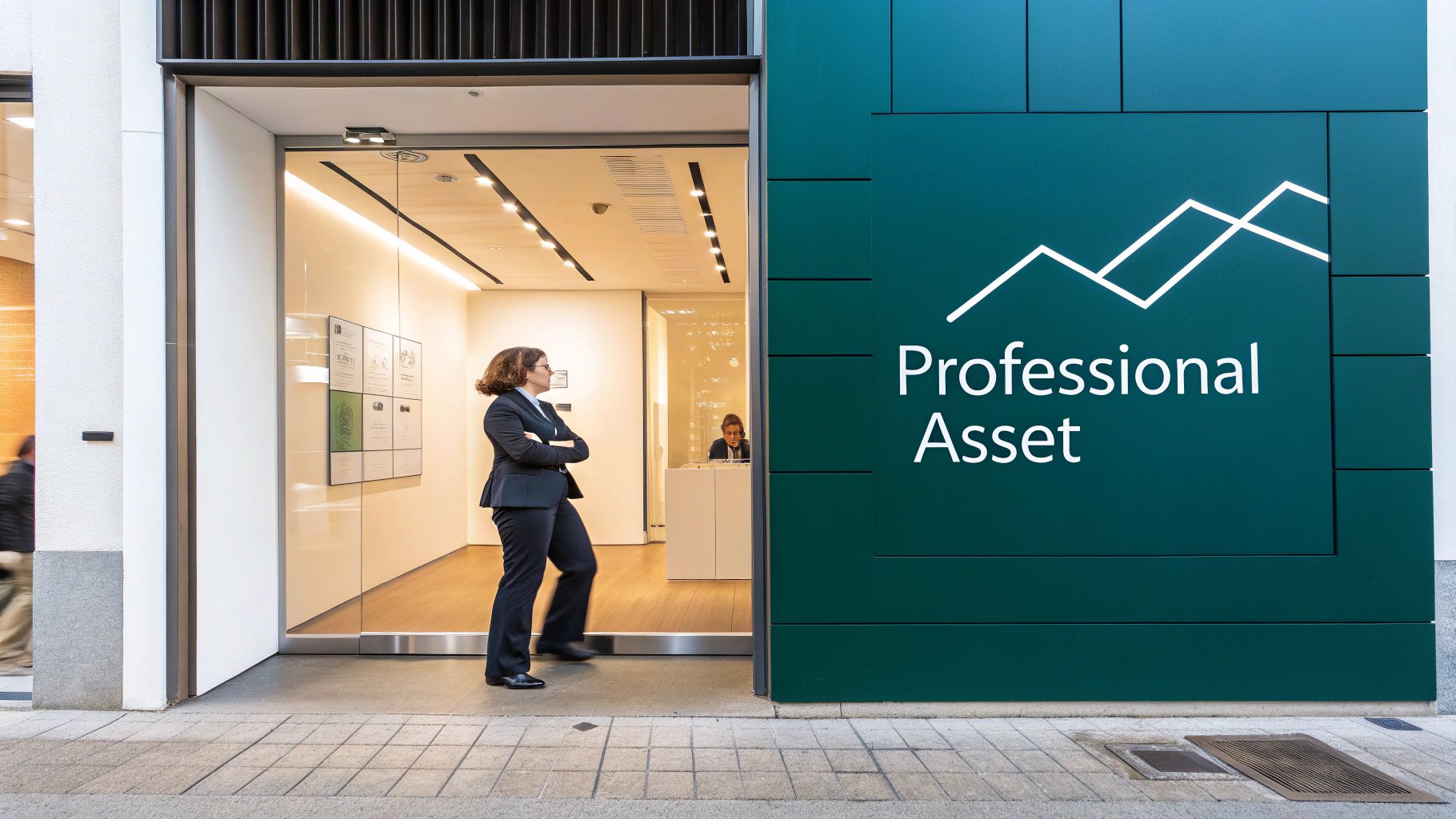 A professional woman in a suit stands outside a modern office building with 