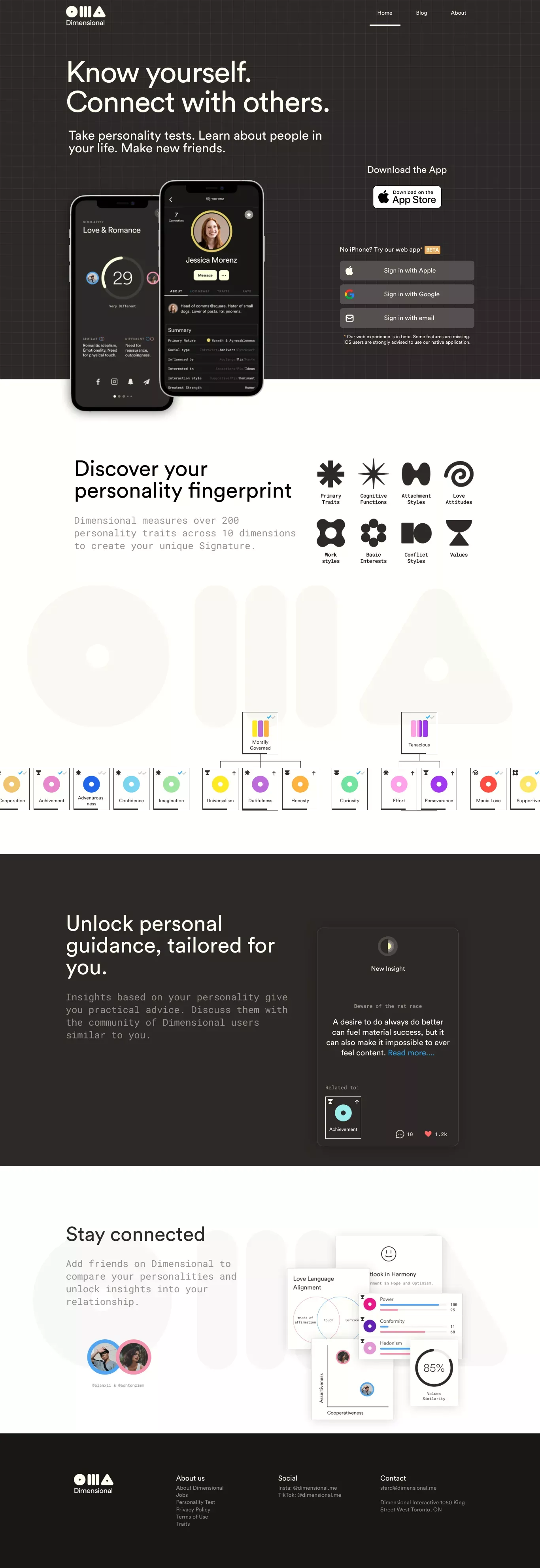 Dimensional - A personality test to get landing page screenshot showcasing Tech design