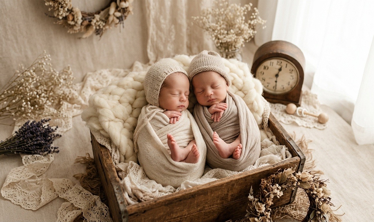 Sleeping newborn twins wrapped in beige swaddles and wearing matching knit hats for a twin photoshoot.
