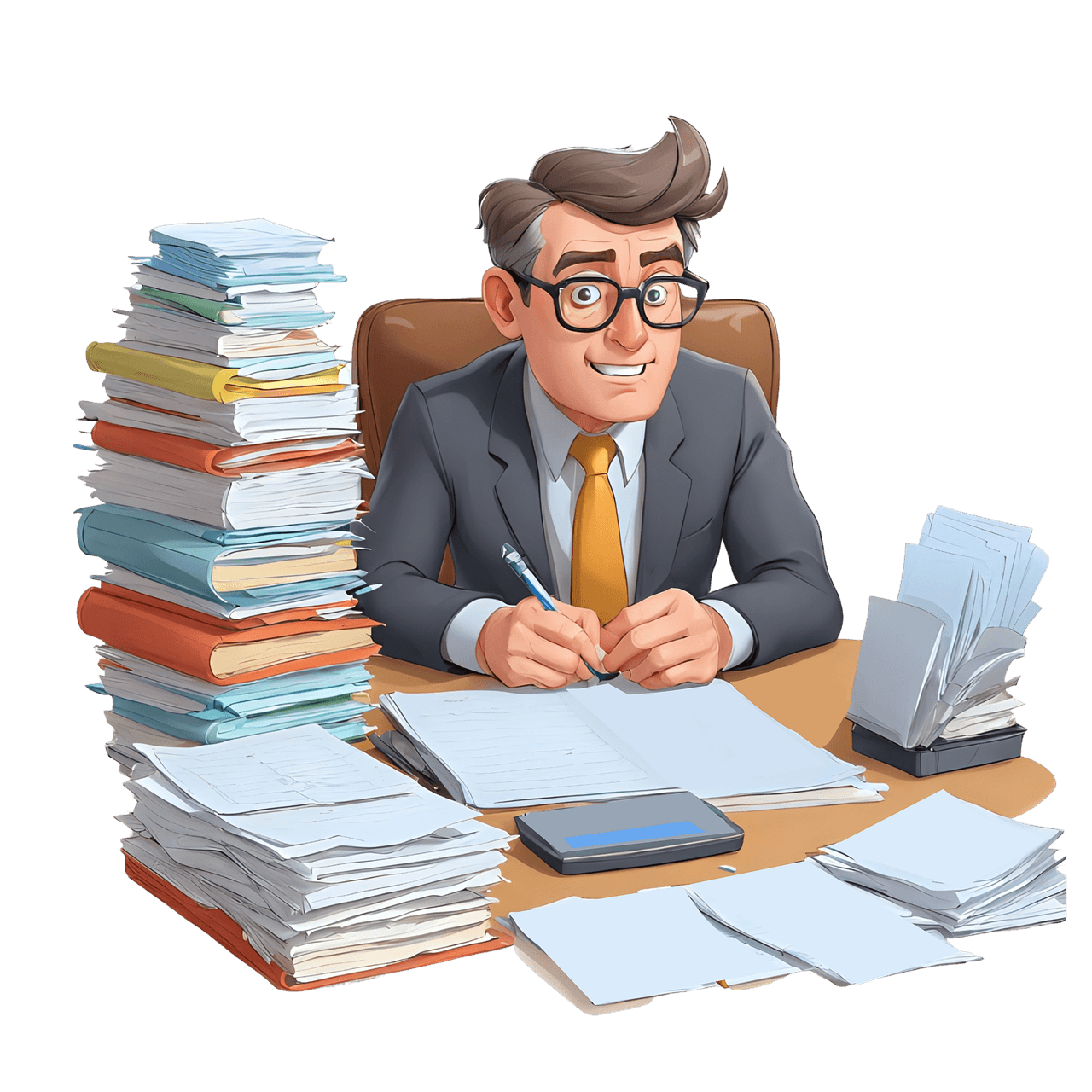 Cartoon accountant at a desk with stacks of paperwork.