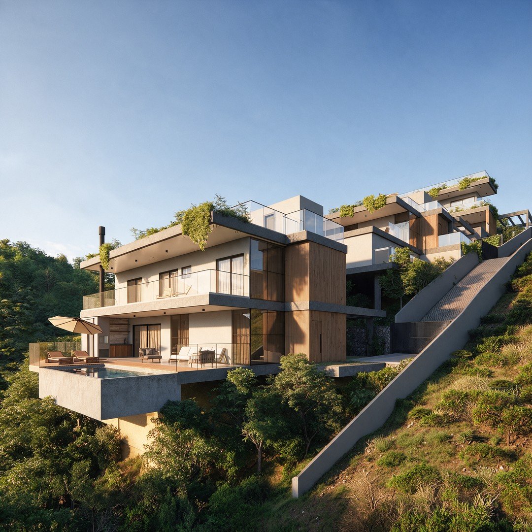 O mesmo render das casas na encosta refeito com IA, com luz de fim de tarde