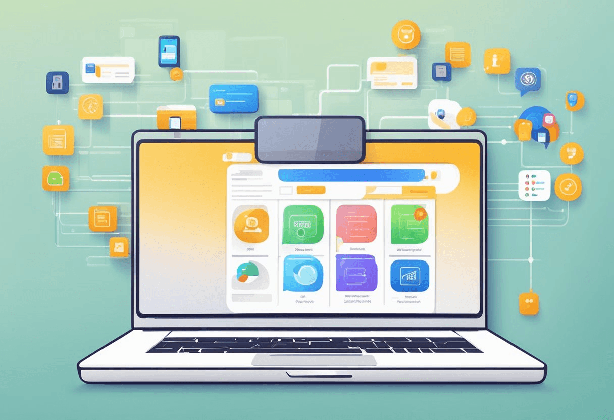 A computer screen displaying various recruitment platforms and digital tools. A smartphone with recruitment app. Digital interface connecting employers and candidates