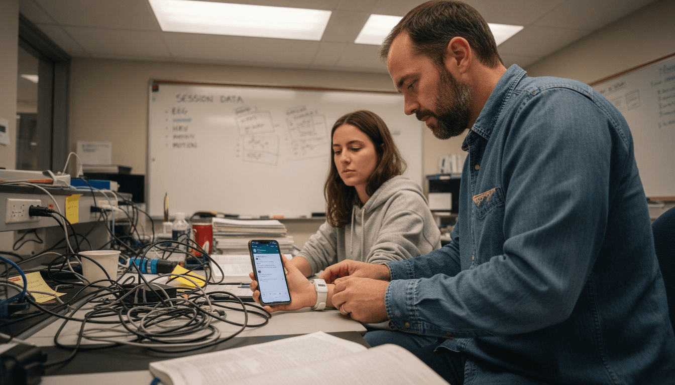 Technician setting up emotional tracking device