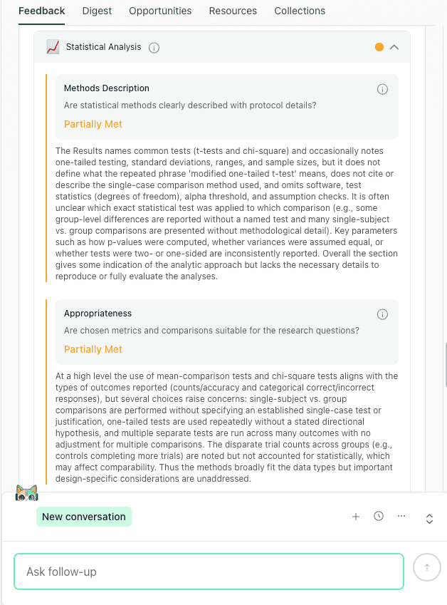 thesify statistical analysis feedback interface showing methods description and appropriateness scores