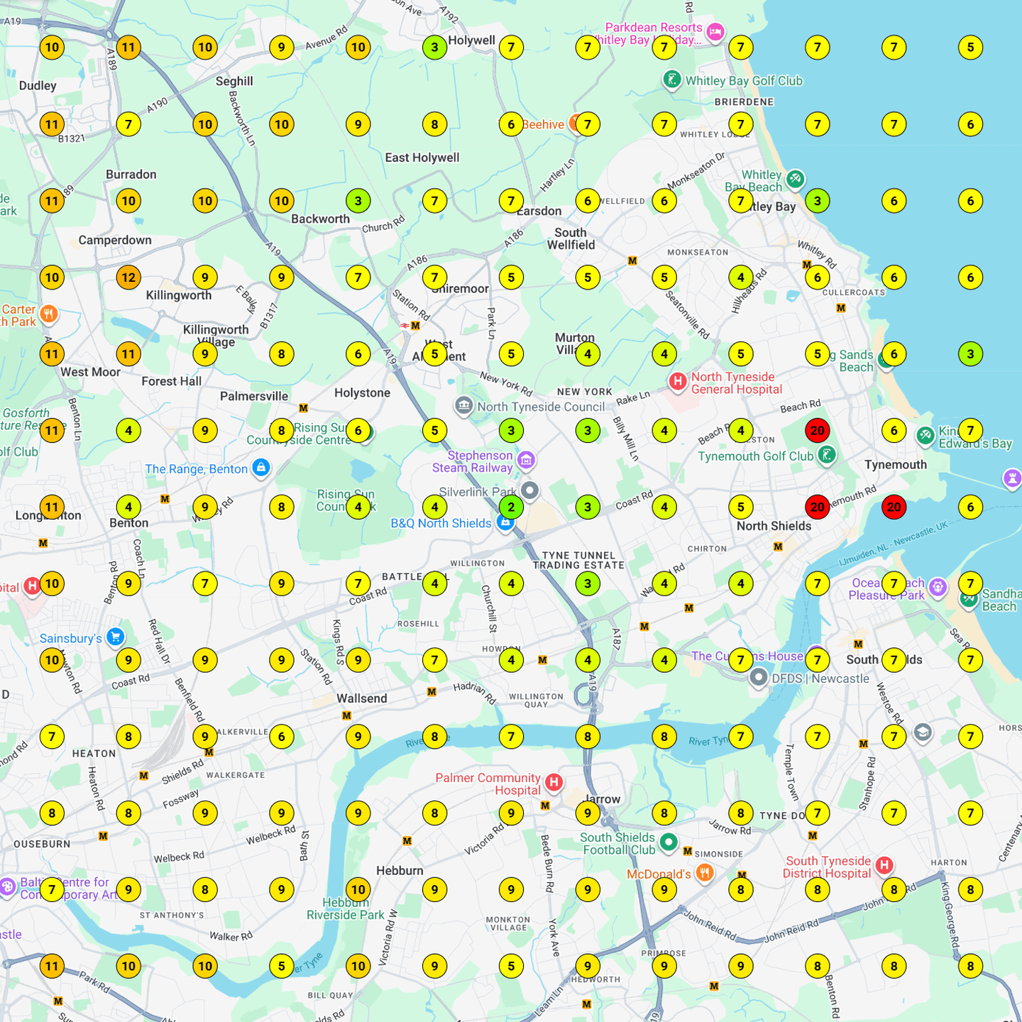 Map scan on 13 March 2026 for party bus hire in Newcastle, top 3 across 5.33% of the map