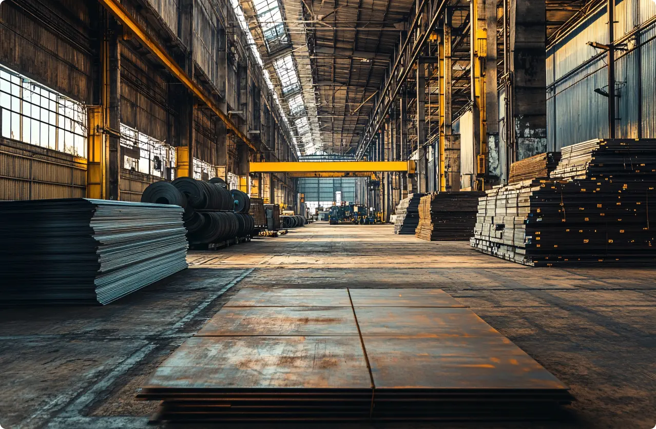 Steel coils and plates stacked inside a warehouse