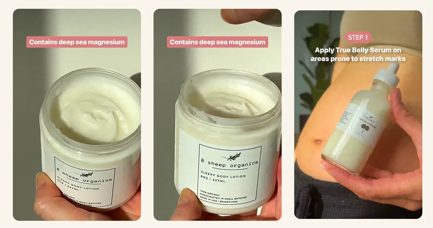 Three-panel image showing a jar of 8 Sheep Organics body lotion labeled “contains deep sea magnesium,” alongside a dropper bottle of belly serum being applied to a pregnant belly as part of a skincare routine for stretch marks.