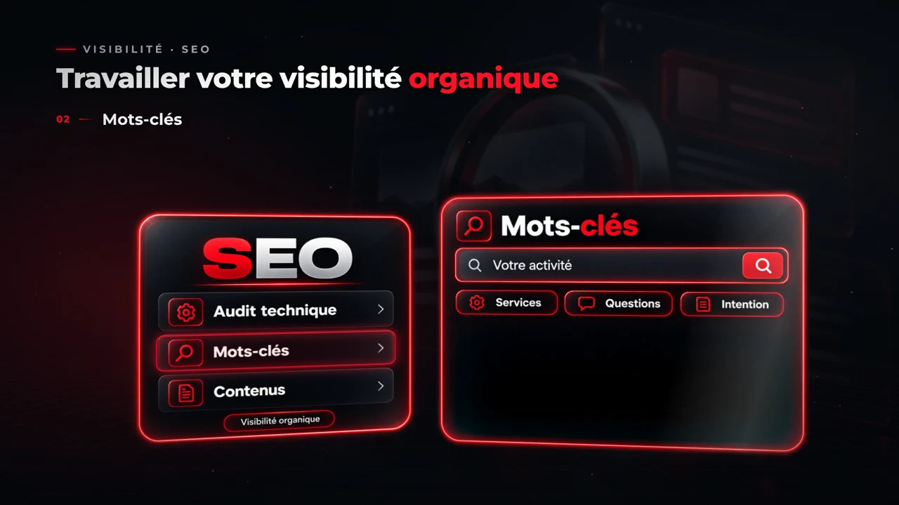 Démonstration d'audit SEO : panneaux audit technique, mots-clés et contenu sous le titre Travailler votre visibilité organique