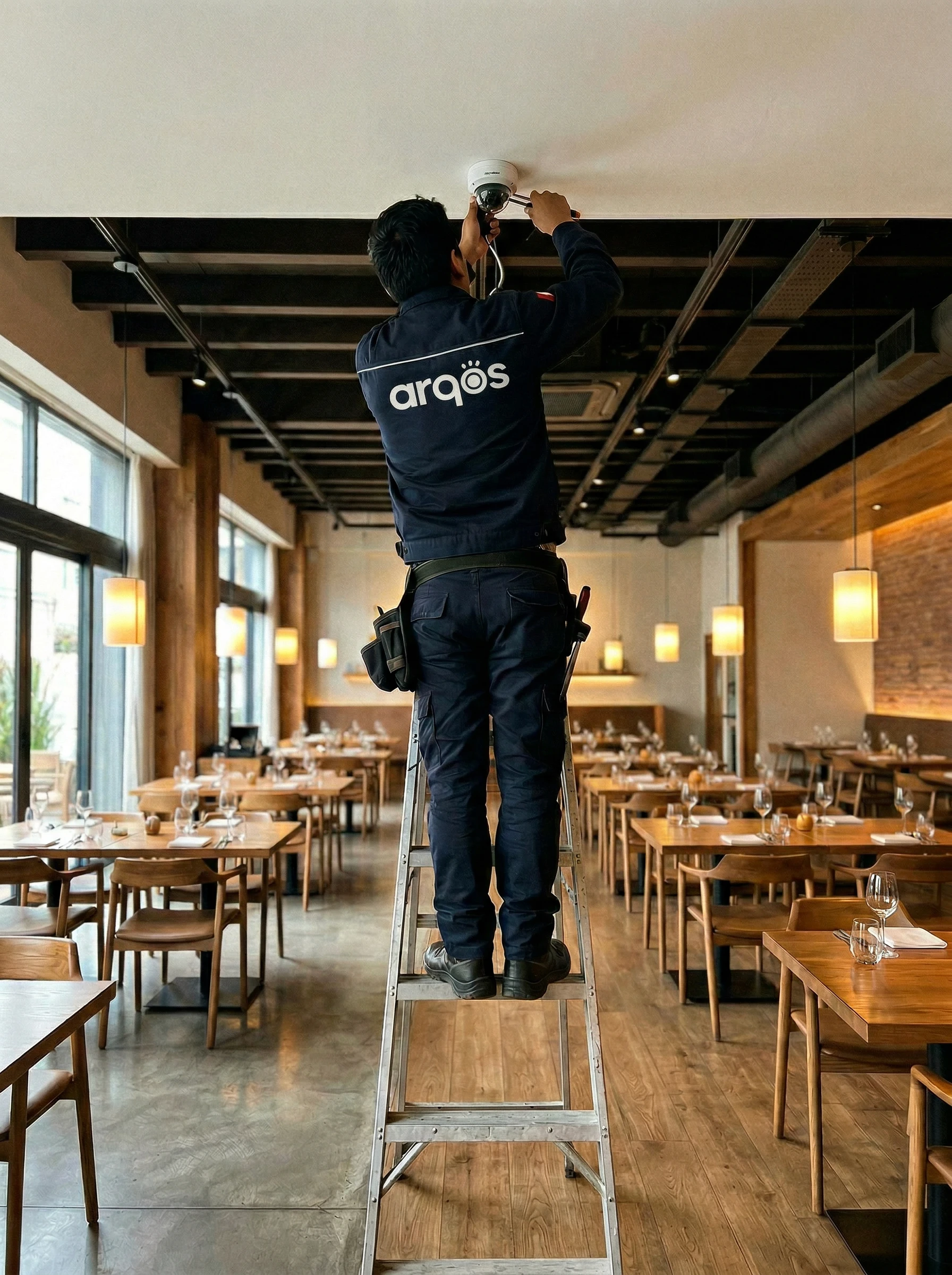 Instalación discreta de sistema de videovigilancia en restaurante elegante, realizada por técnico certificado para garantizar seguridad sin afectar la estética del espacio.