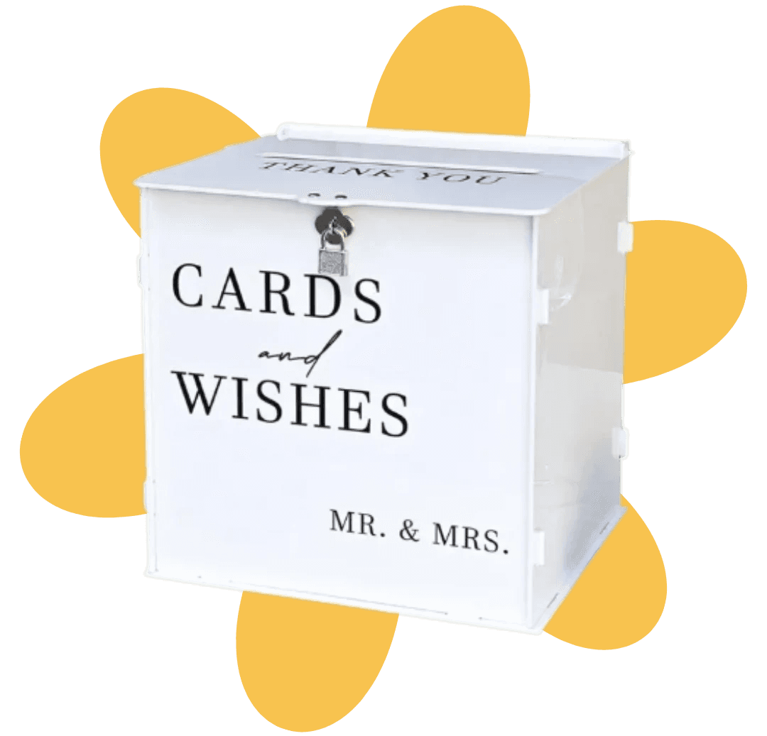 Image of a white box meant to hold cards. The front reads "Cards and Wishes, Mr. and Mrs."