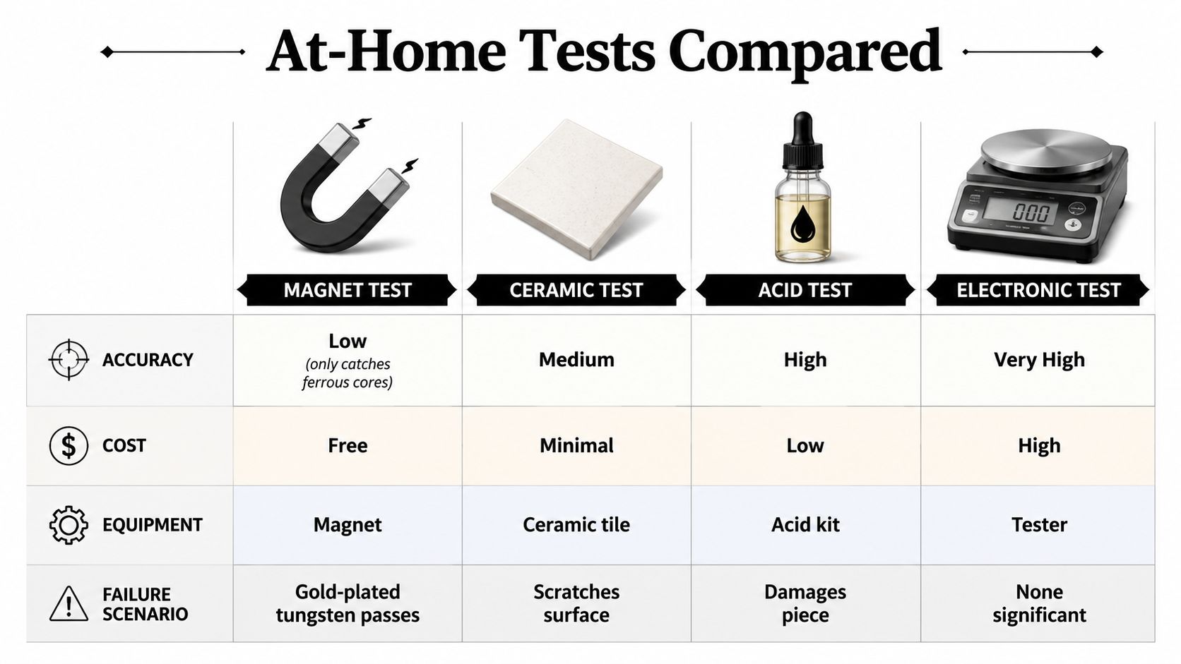 A comparison chart showing four at-home testing methods for identifying gold purity including magnets, ceramic tiles, acids, and electronics.