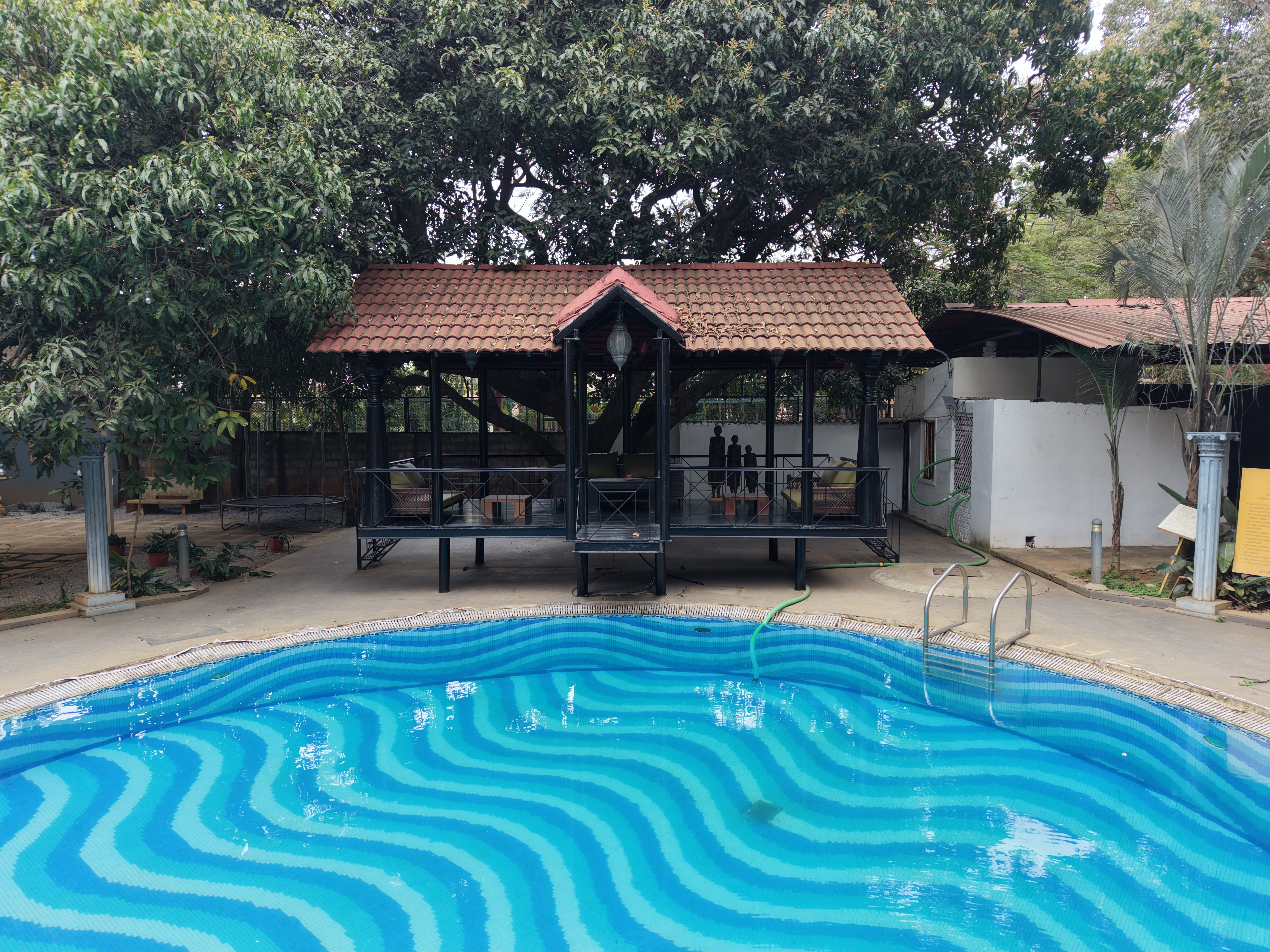Woman with curly hair standing in a busy modern office.