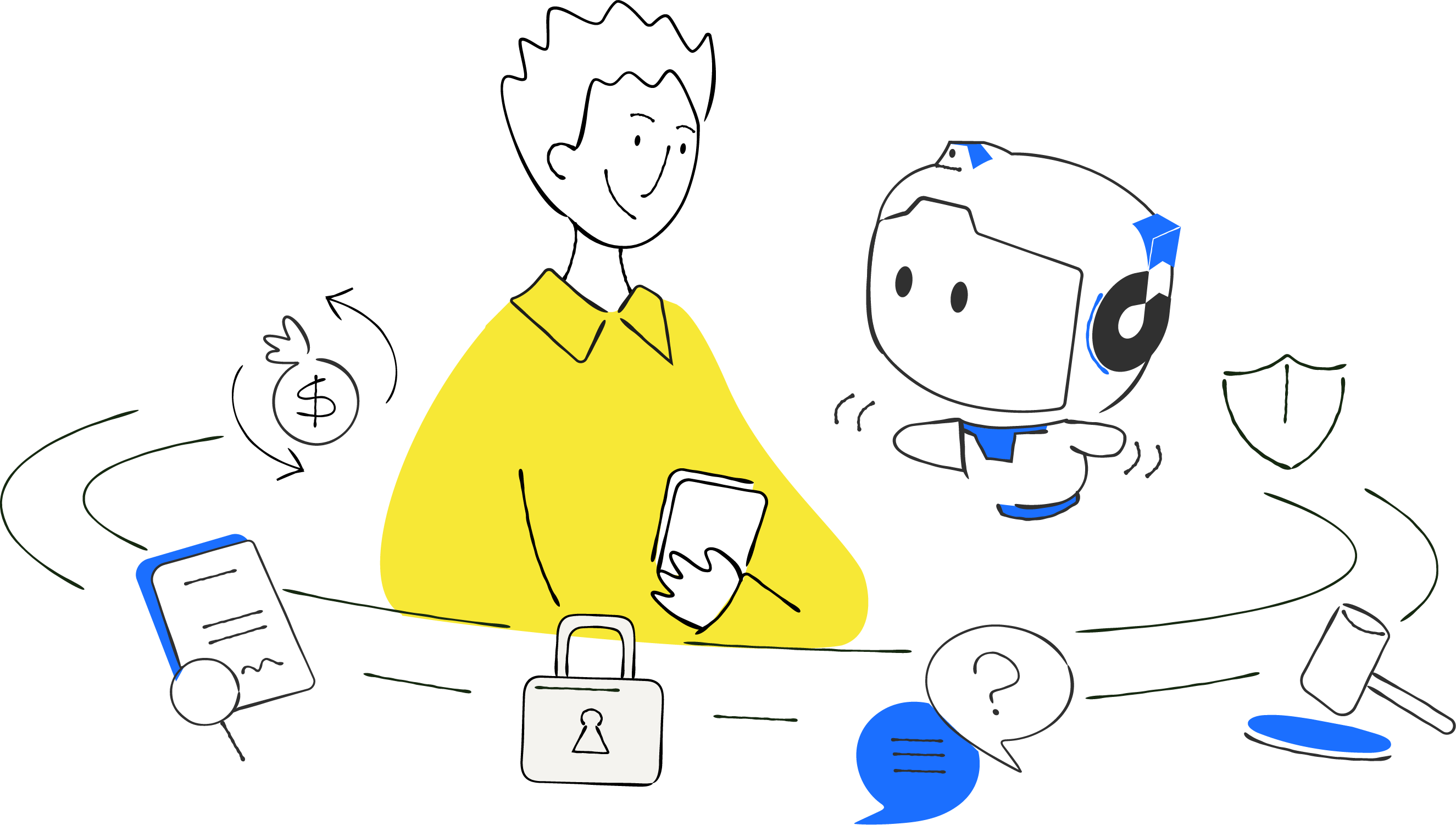 Ilustração de uma pessoa confiante usando o celular ao lado do mascote da DevolveAI, cercados por símbolos de segurança digital, documentação, suporte jurídico e proteção, representando os benefícios e diferenciais da plataforma.
