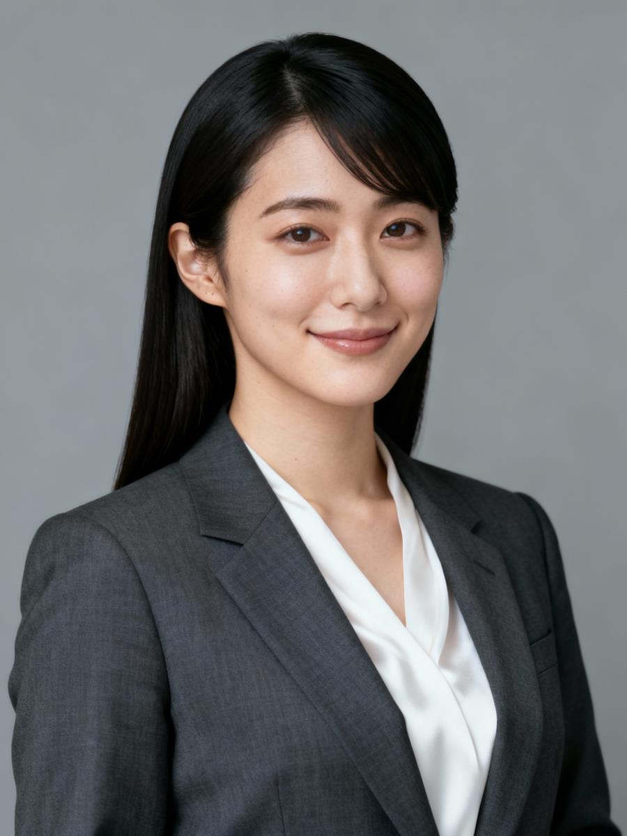 A woman in a gray blazer and white blouse smiles softly against a neutral gray background. Her long black hair is neatly styled, conveying professionalism.