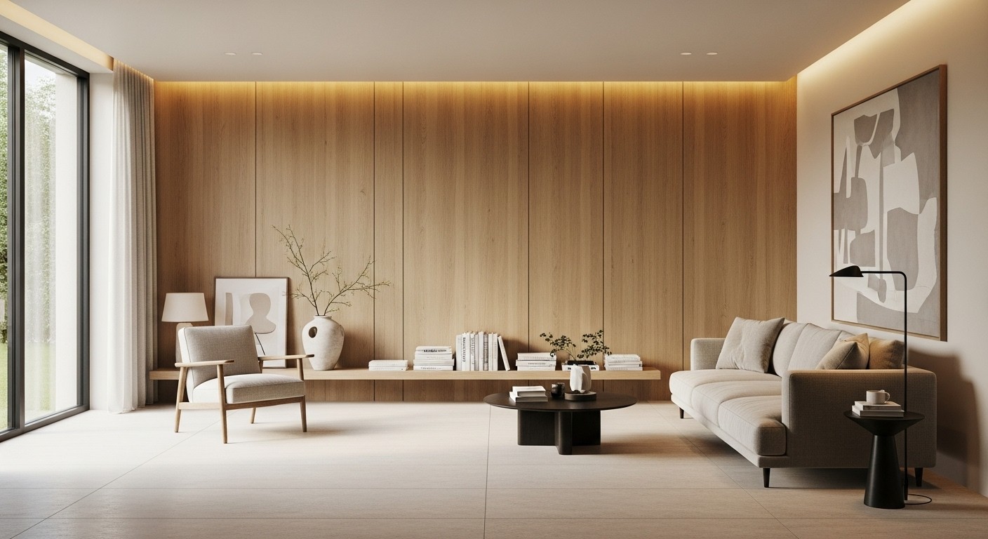 Minimal living room with warm wood panel wall, neutral seating, and soft ambient lighting.