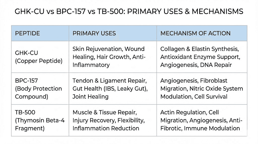 GHK-CU compared to BPC-157 and TB-500 peptides chart