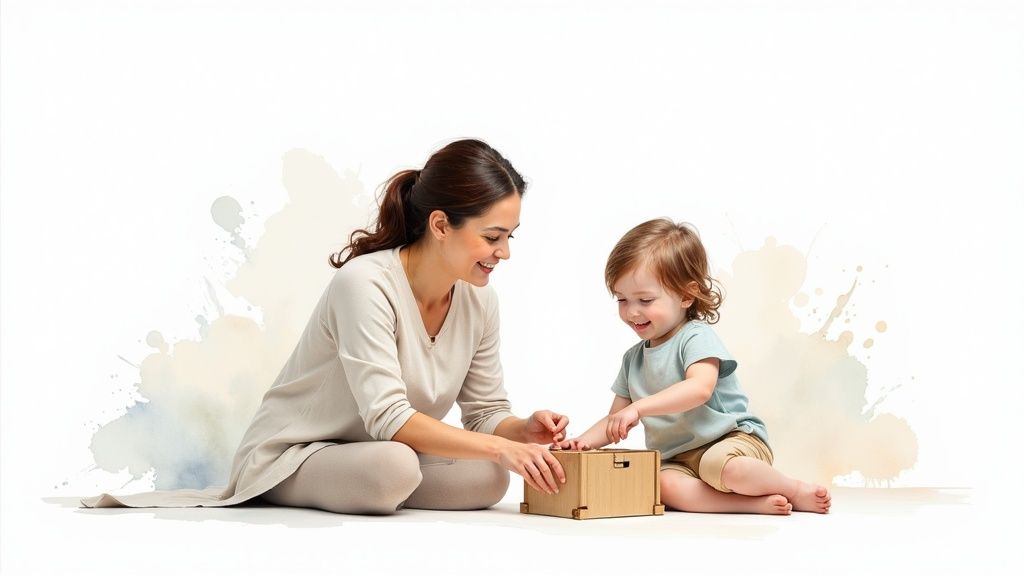 A smiling mother and child play together on the floor with a wooden toy box.