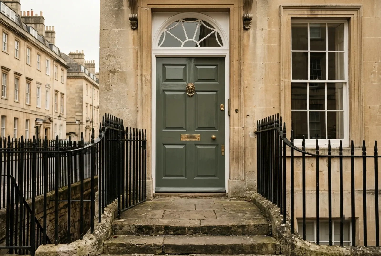A Bath stone Georgian front door painted deep grey-green, with a fanlight and black iron railings