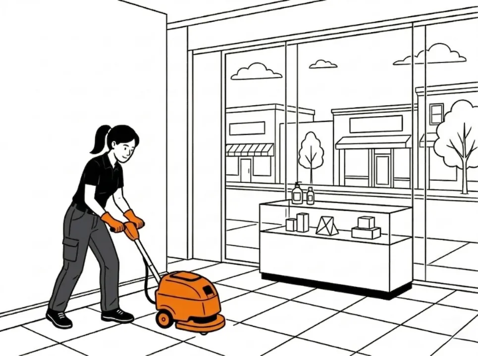 Une agente Widy's utilise une autolaveuse orange pour nettoyer le sol carrelé d'un magasin devant une vitrine.