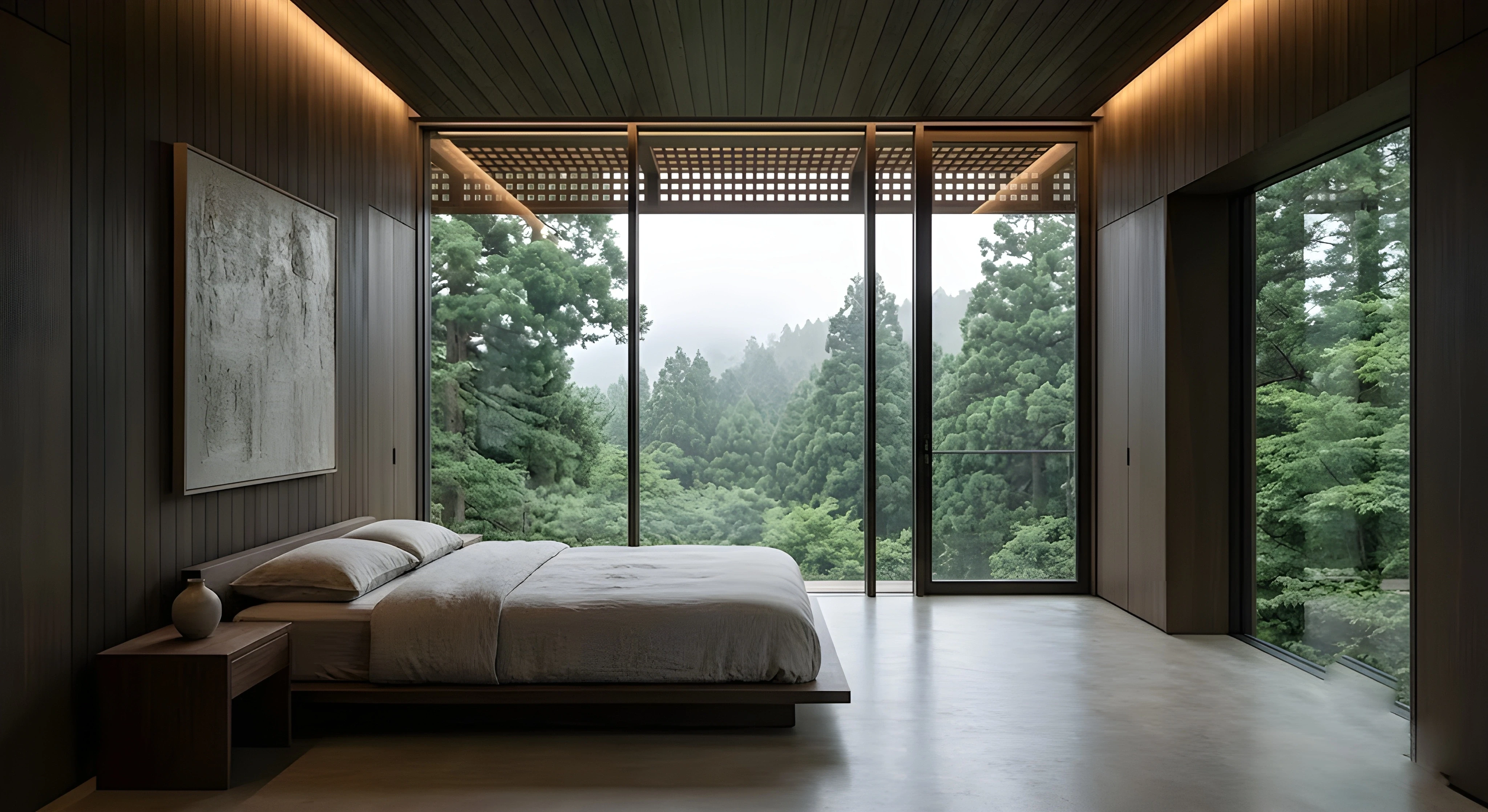 A minimalist bedroom interior with dark wood paneled walls, subtle ambient ceiling lighting, and a low-profile platform bed. A massive floor-to-ceiling glass wall directly faces a dense, misty forest of tall green pine trees under an overcast sky.