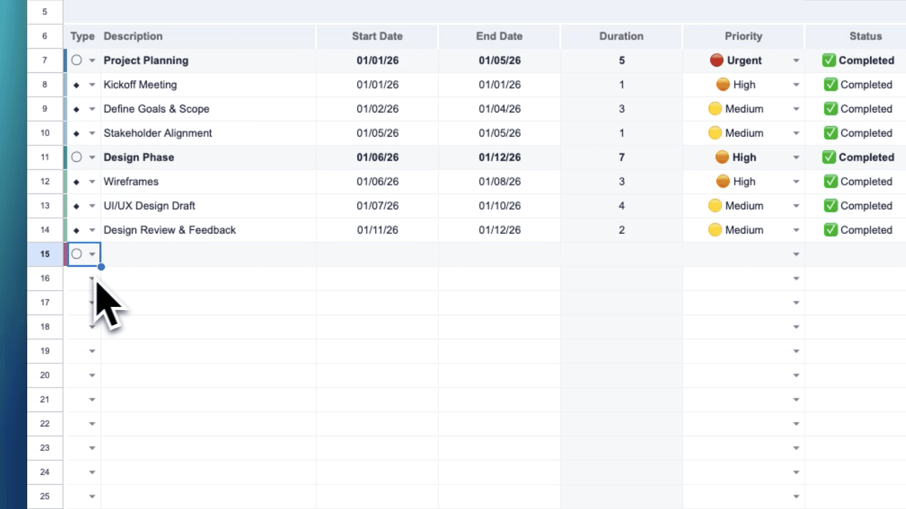 Mighty Template project management Gantt chart in Google Sheets – color-coded timeline with task types, descriptions, start/end dates, duration, priority levels, and status tracking