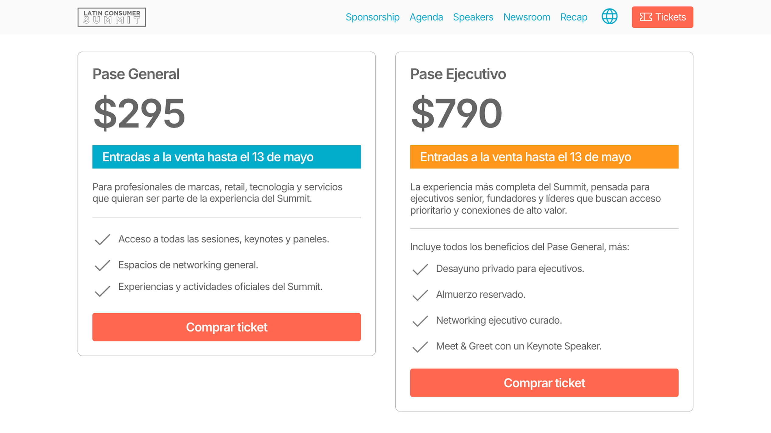 Diseño web desktop Ohla sección Tickets tipos de pase