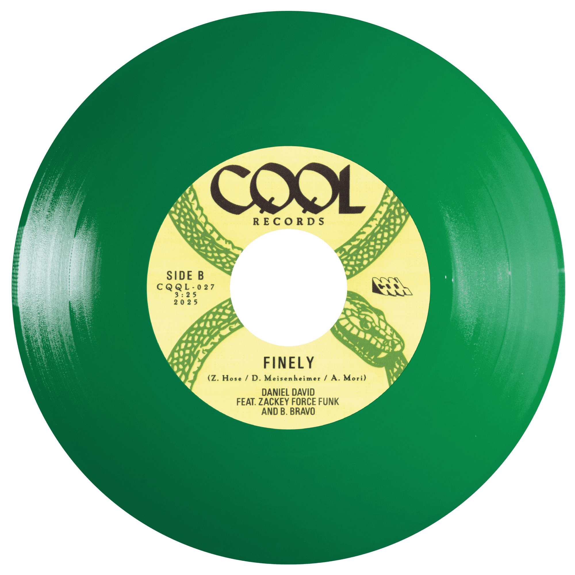 Green vinyl record with yellow label featuring 'CQQL Records' on a white background