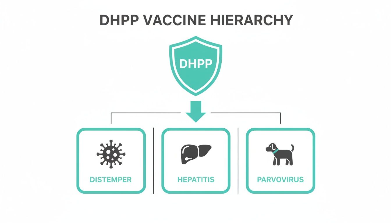 Diagram showing the DHPP vaccine hierarchy, protecting against Distemper, Hepatitis, and Parvovirus.