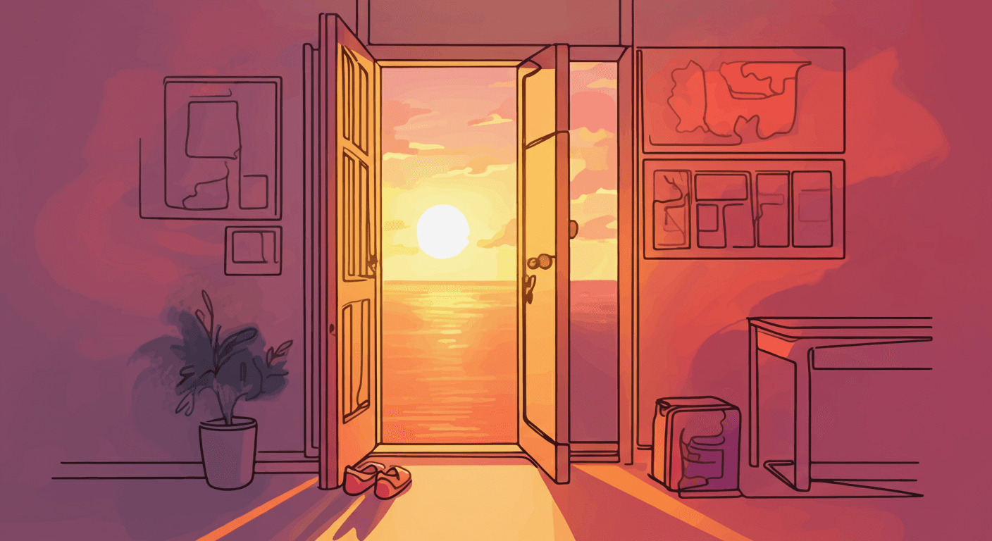 Concept: A doorway opening onto the golden hour.
Elaboration: Picture the back door of a home-health office swinging open into a glowing sunset sky. Warm orange and pink light spills across the threshold, painting the floor in long, soft shadows. Inside, a nurse’s shoes sit neatly by the door, untouched by hurried steps. The horizon beyond feels endless and unhurried—an evening finally theirs, no charts or beeps to call them back. This scene captures the moment when technology lifts routine burdens, and the day’s last light is once again a gift, not a clock to race against.

