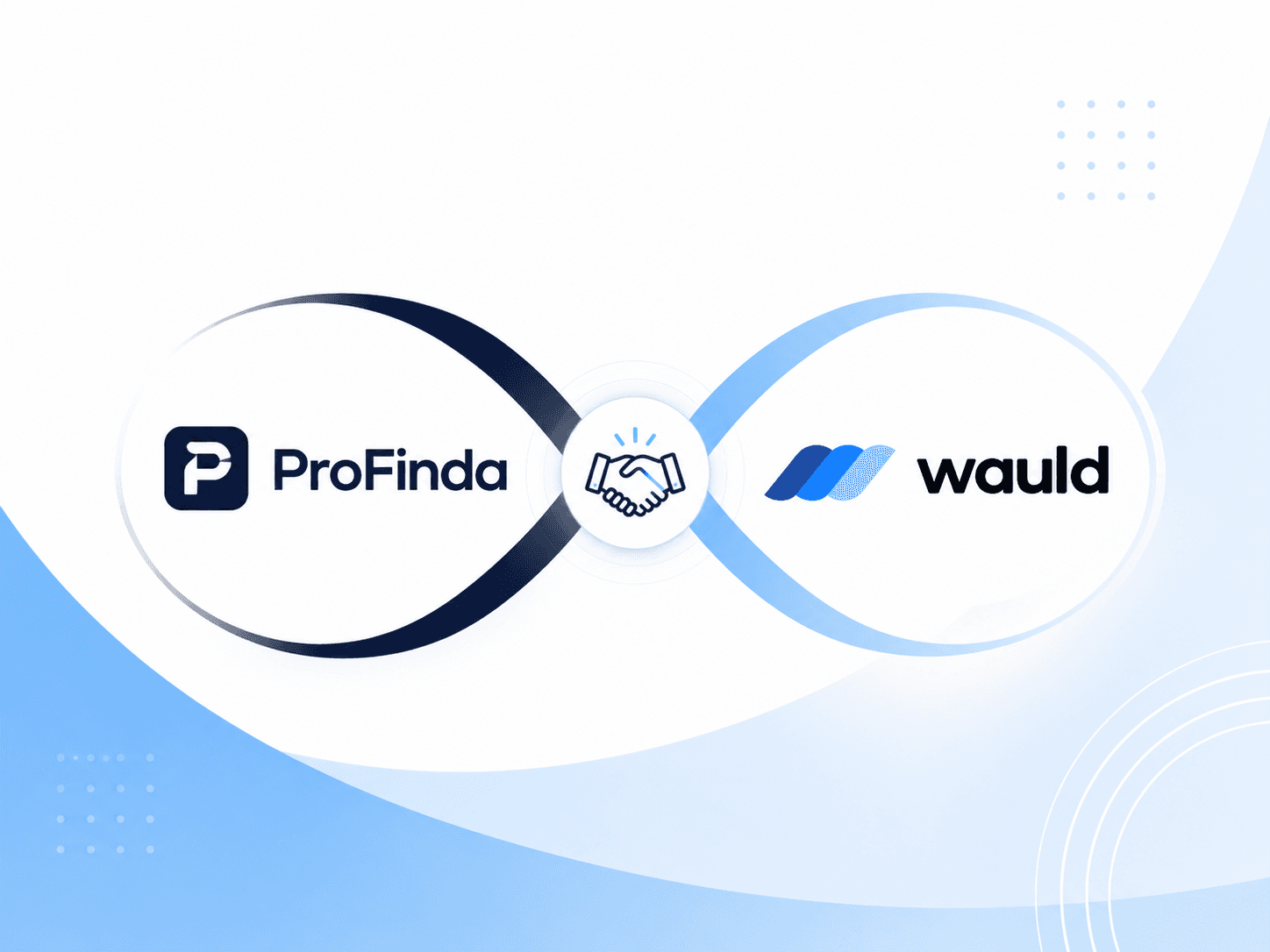 Cover image illustrating the partnership between ProFinda and Wauld. The ProFinda logo and Wauld logo are positioned inside a continuous infinity-shaped loop, connected at the center by a handshake icon representing collaboration and integration. The design uses a clean white background with subtle blue gradients and minimal geometric accents, conveying a seamless connection between skills intelligence and digital credentialing.