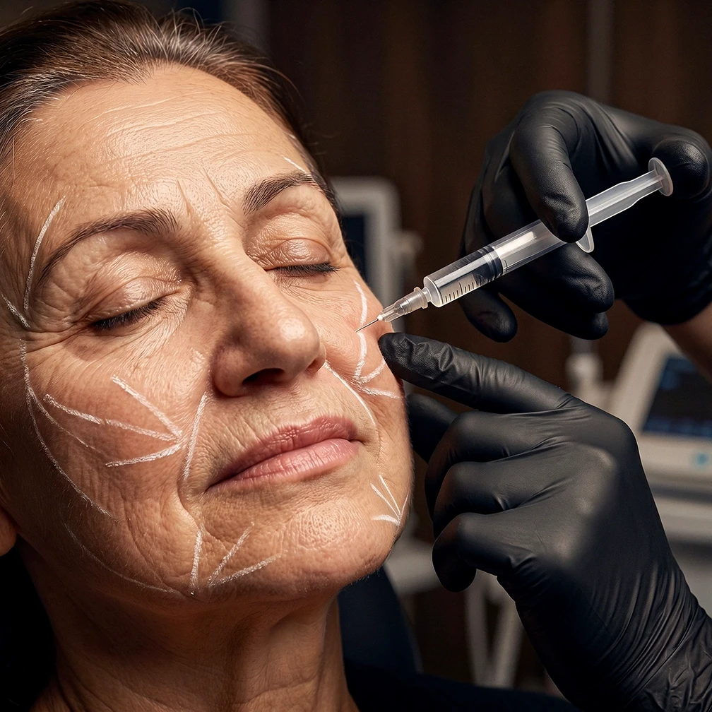 fotografia clínica em close-up de uma demonstração de procedimento injetável facial. Uma mão com luva segura uma seringa próxima à bochecha de uma mulher para injeção de preenchedor dérmico ou toxina botulínica. A paciente usa uma touca cirúrgica preta e uma faixa de cabeça de treinamento da '© facialacademy', com marcações clínicas brancas e vermelhas detalhadas desenhadas na testa, área entre as sobrancelhas e ao redor do olho esquerdo para planejamento de tratamento estético facial. Fundo escuro de estúdio.