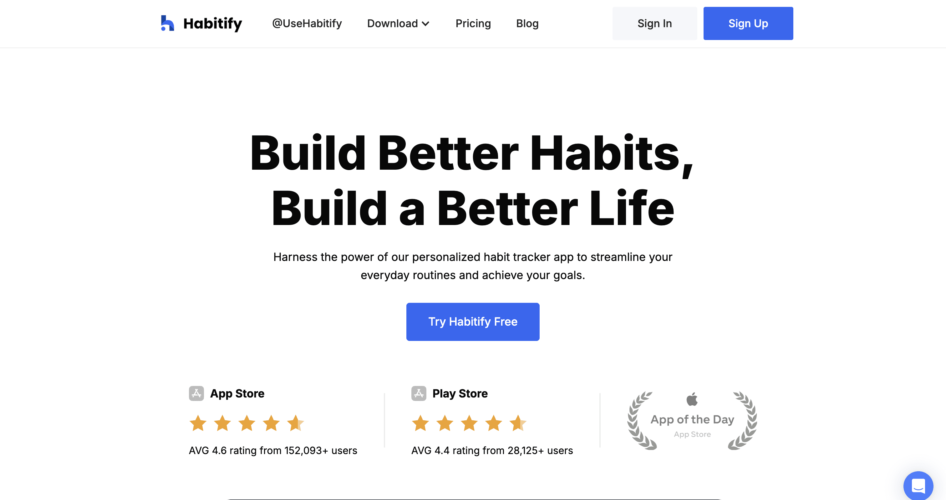 Habitify homepage promoting habit tracking with the headline “Build Better Habits, Build a Better Life.”
