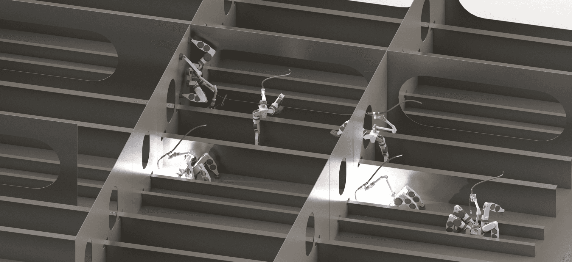 A concept rendering of quadrupedal and bipedal robots operating inside an industrial environment of repeating bulkheads, stiffeners, and access holes.