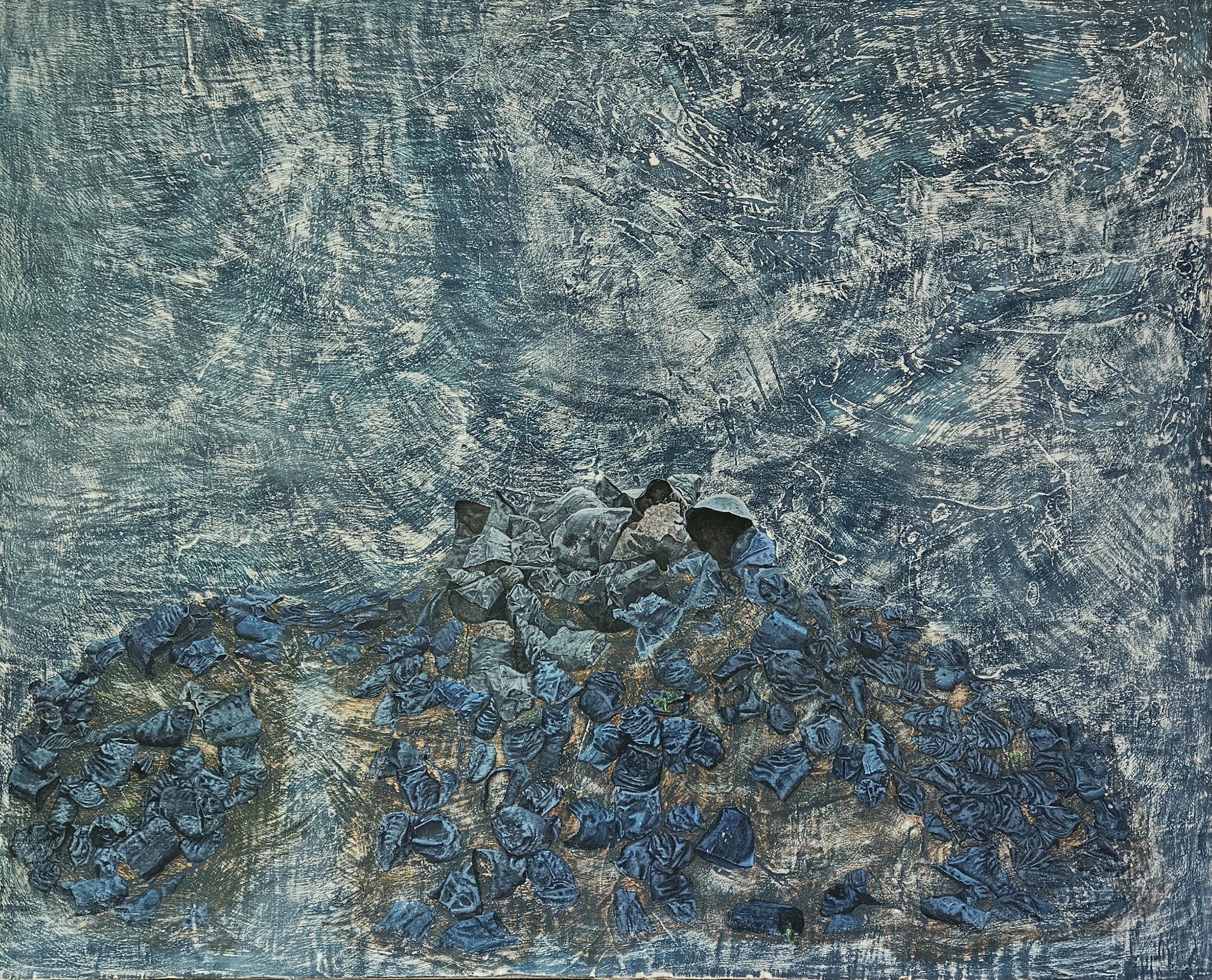 herd of sheep on road painting