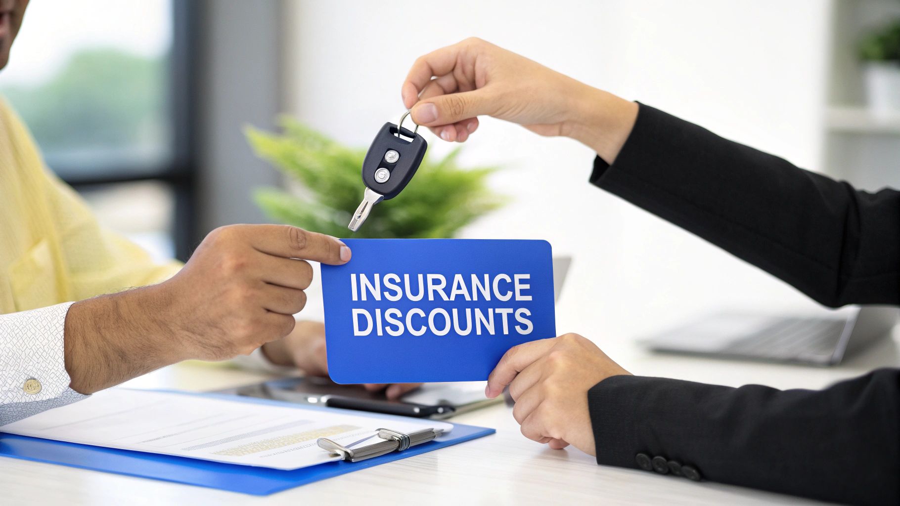 Hands exchanging car keys and an 