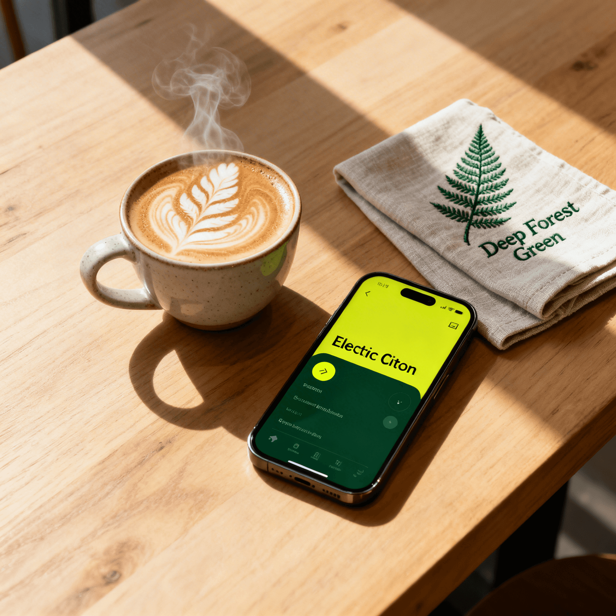 Latte, napkin, and phone with green fern UI on a light oak table