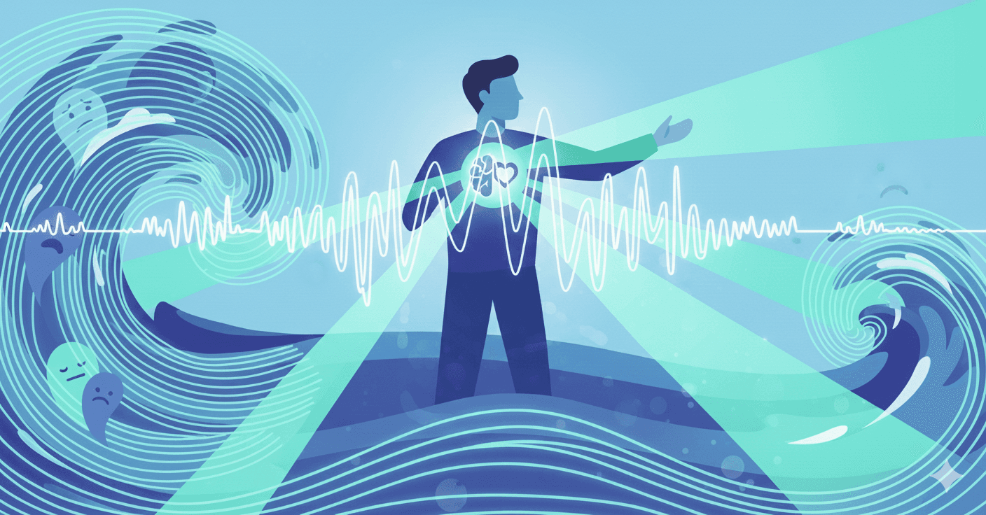 Illustration of emotional intelligence in leadership, showing a person standing calmly in swirling waves with a glowing heart-and-brain symbol. marketing concept highlighting storytelling and emotional engagement.