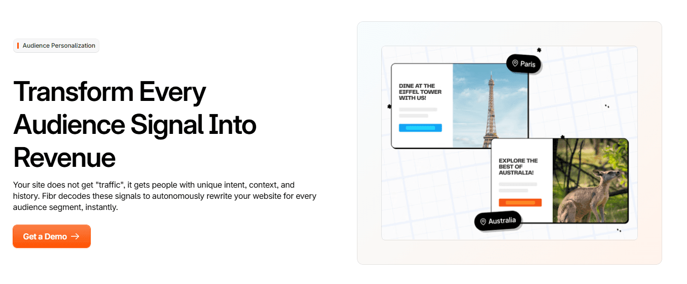 Fibr landing page section for Audience Personalization with a bold headline, orange CTA button, and illustration showing personalized travel experiences tailored to different audience locations and interests.