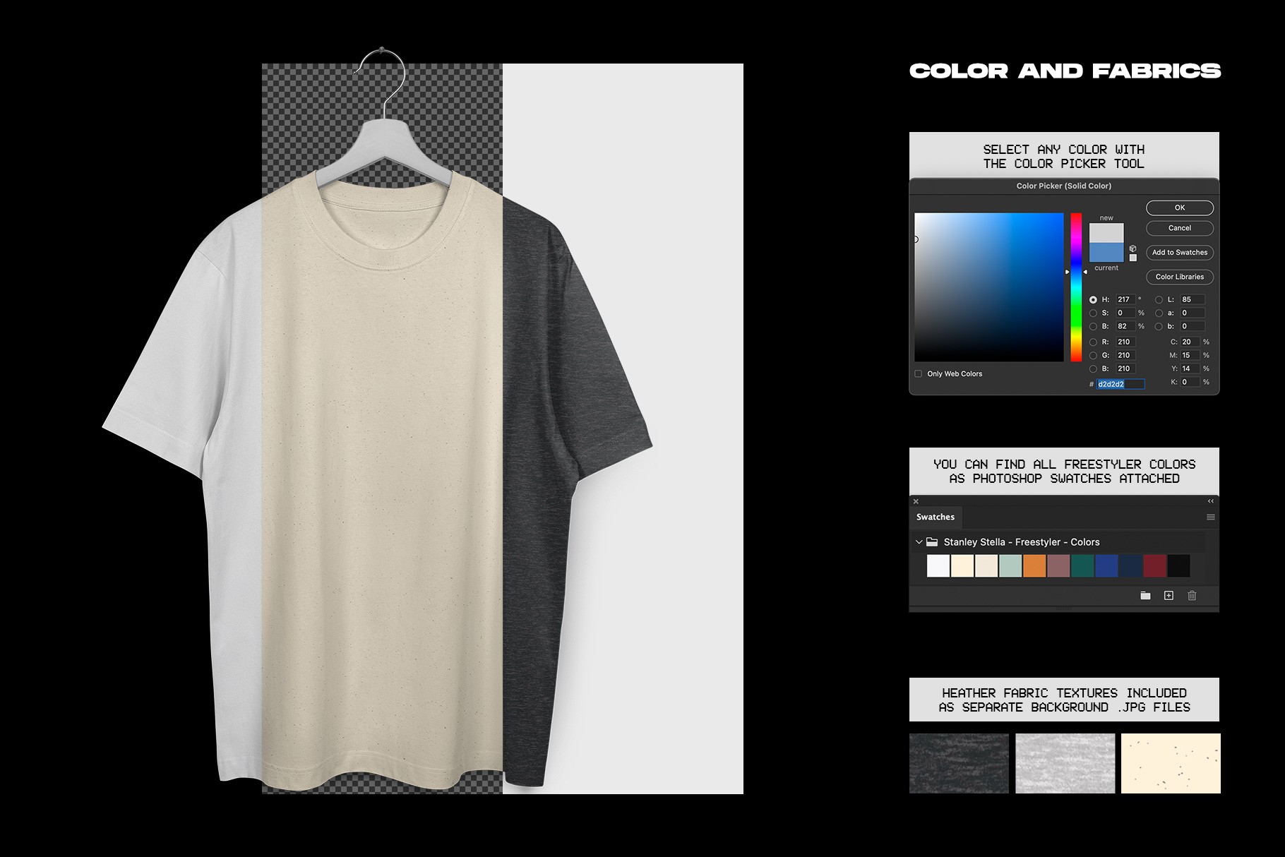 Stanley Stella Freestyler T-Shirt Hanging mockup fabric color options with Photoshop controls